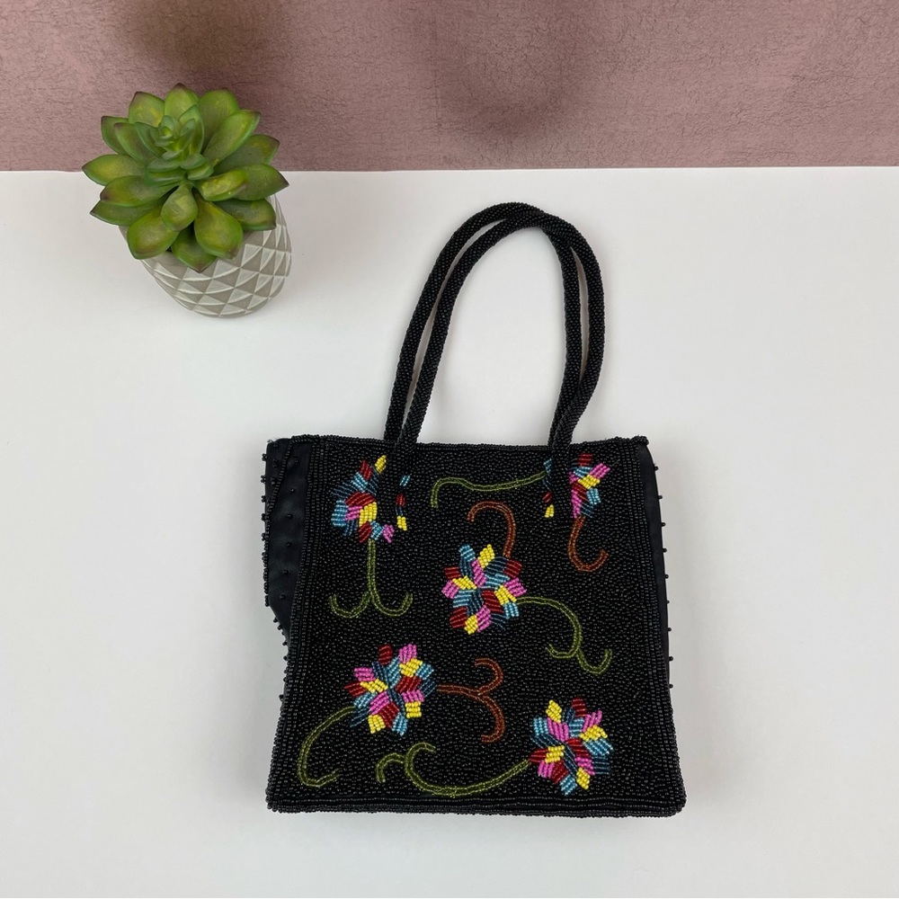 Barse Black Colorful Beaded Floral Purse Handbag Women Glam Classic